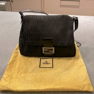 Authentic FENDI Black Zucca-Print Canvas Mama Baguette Bag